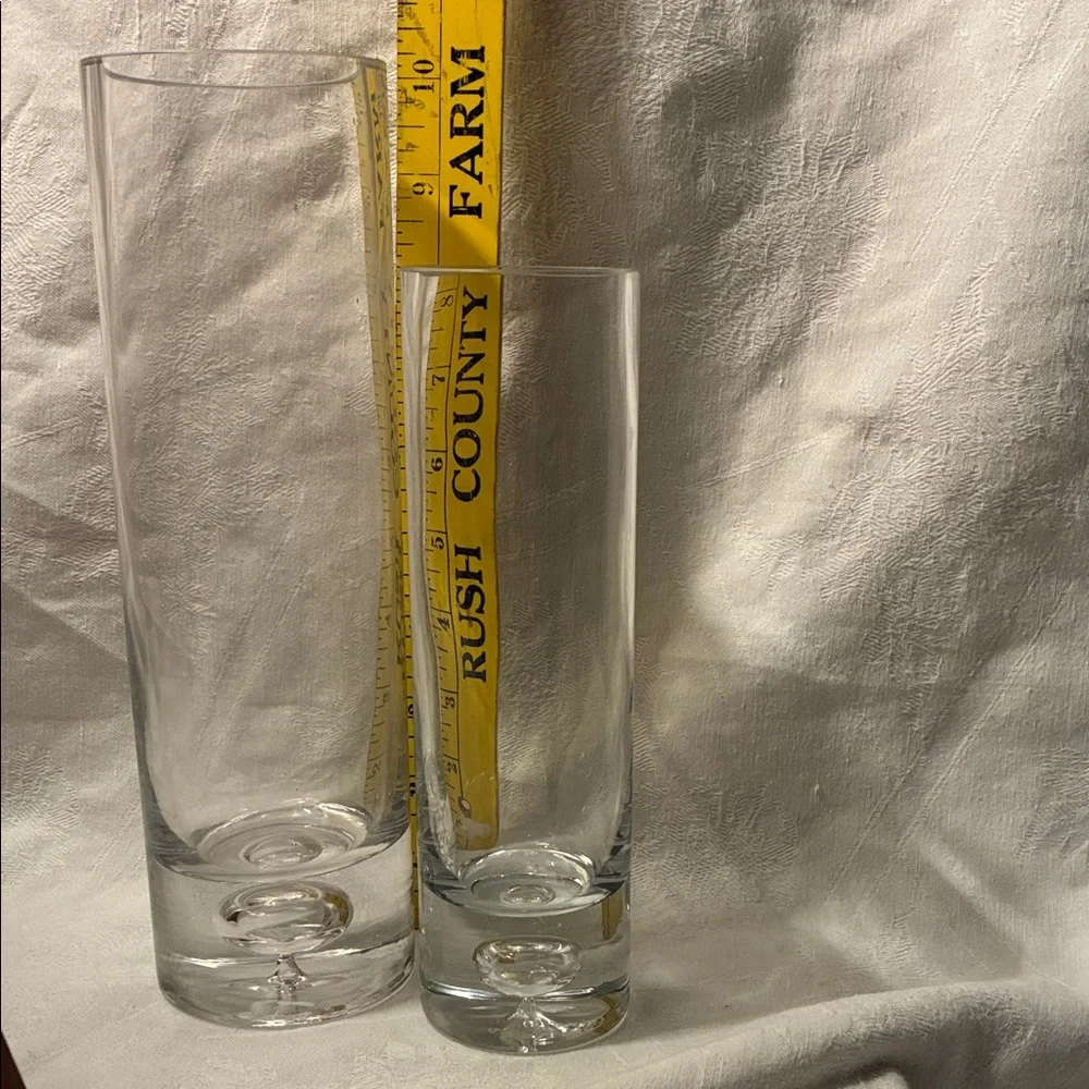 HEAVY Glass Vases W/ Bubble Base Clear Cylindrical Simple Minimalist Set/2